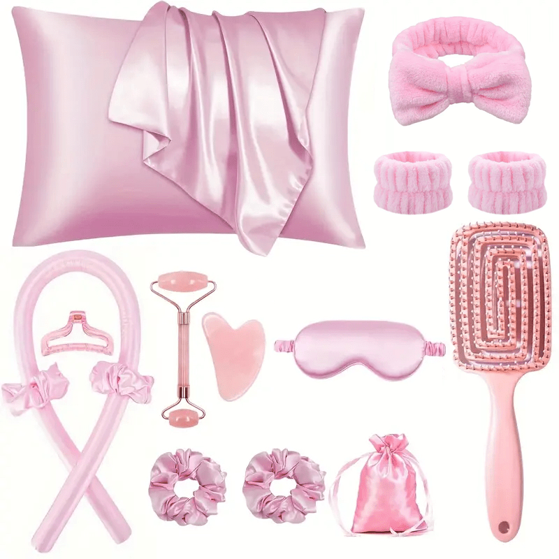 Kit Beauté 15-en-1 – Boucles Sans Chaleur + Massage Visage + Accessoires Sommeil Satin