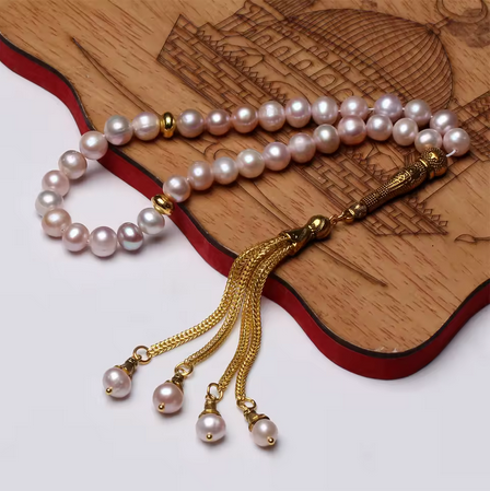Tasbih Perles d'eau douce Roses & Doré fabrication artisanale - MoonRose by Amour’Eu